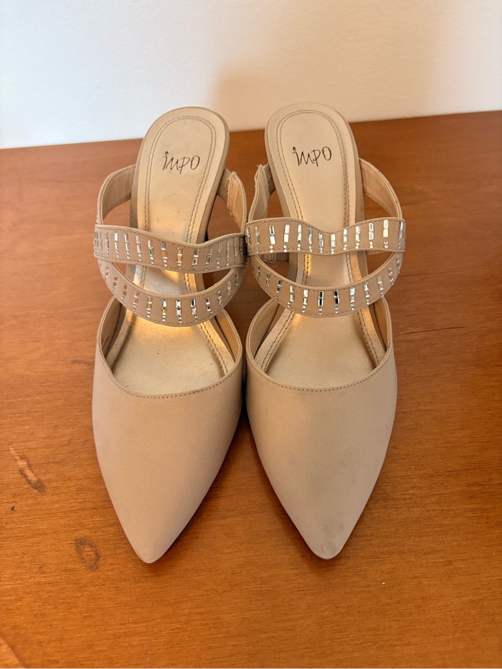 Impo Taupe Pointed Toe Slip-On Mules with Mirrored Strap Detail
